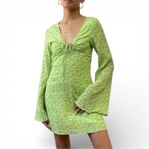 Charlie Holiday Nixon Ruched Floral Mini Dress Lime Green Size 6